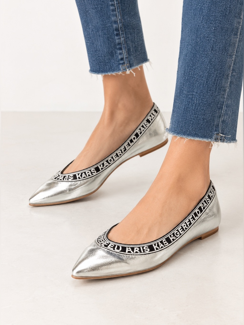 Karl Lagerfeld Paris Metallic Silver Pointed‑Toe Logo Flats